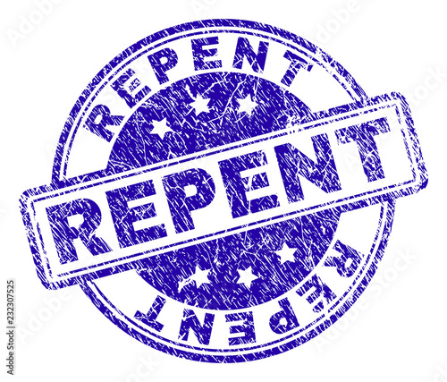 REPENT stamp seal watermark with grunge texture. Designed with rounded rectangles and circles. Blue vector rubber print of REPENT text with grunge texture.
