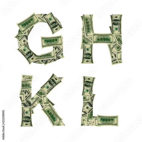 Letters G, H, K, L made of dollars isolated on white background