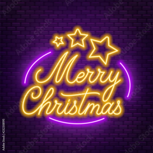 Neon lettering Merry Christmas on dark background. Greeting card .