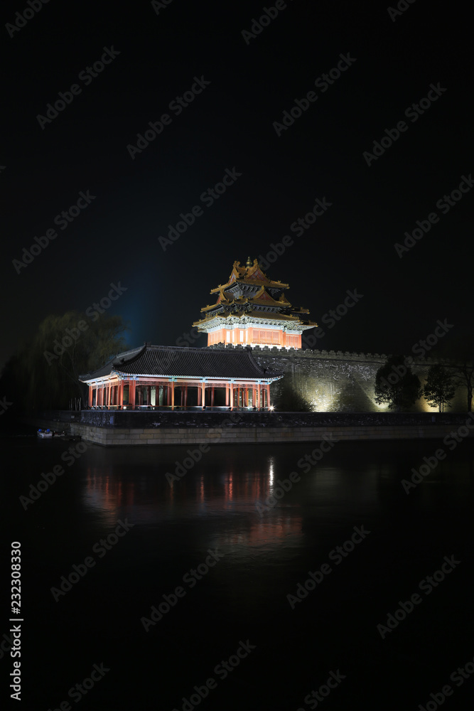 Obraz premium night view of northeast turrets of the Forbidden City on december 22, 2013, beijing, china.
