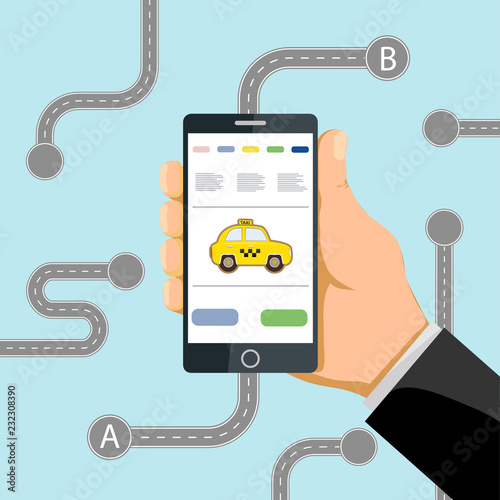 Man holds smartphone in hand. Call a taxi on a mobile application.