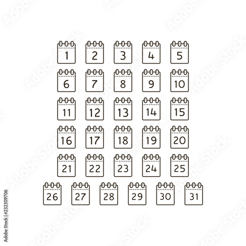 black and white set of simple line art vector outline icons of calendar month days