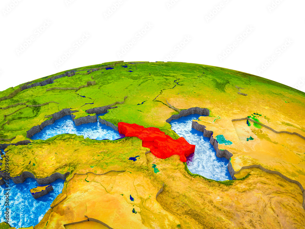 Caucasus region on 3D Earth with visible countries and blue oceans with waves.
