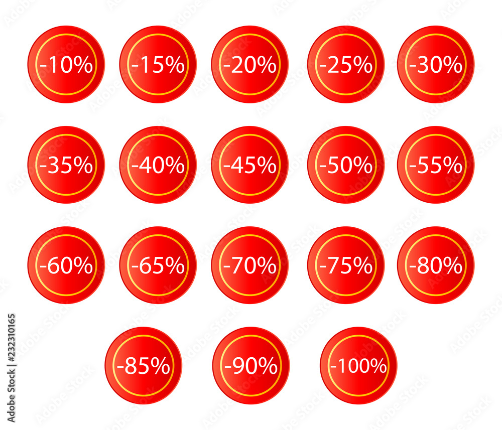 Discount for the sale of goods in percentage of 10 to 100. Badges. Group. Vector. Isolated.