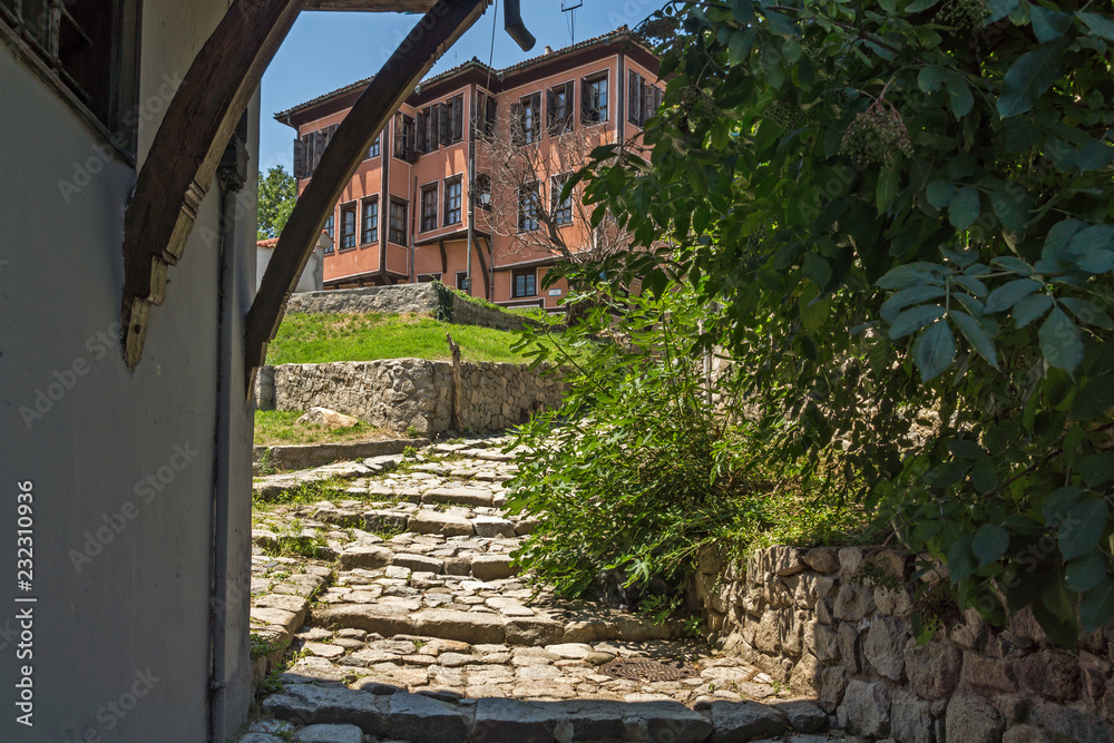 Typical street and houses from the period of Bulgarian revival in old town of  city of Plovdiv, Bulgaria