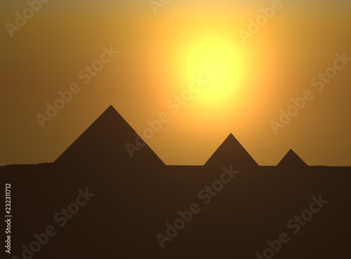 illustration of silhouettes of three pyramids and orange sky during the sunset