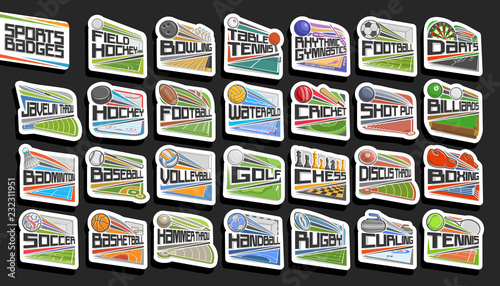Vector set of Sports Badges, 27 signs of different kind sport games with original lettering, collection of isolated stickers with flying sport balls, athletics stadiums, ice rink and swimming pool.