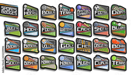 Vector set of Sports Badges, 27 signs of different kind sport games with original lettering, collection of isolated stickers with flying sport balls, athletics stadiums, ice rink and swimming pool.