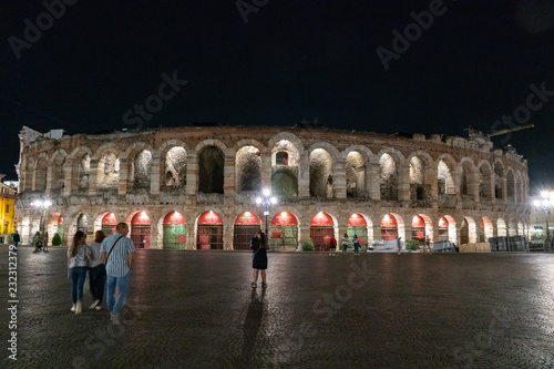 Exterior of the Verona Arena at night, a Roman amphitheatre in Piazza Bra in Verona, Italy, built in the first century