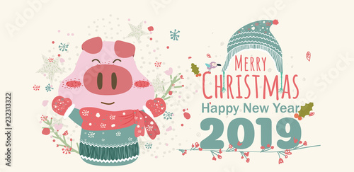Happy holidays warm wishes creative hand drawn card winter animal pig hat text happy merry christmas and happy new year happy greeting card vector elements greeting card hipster