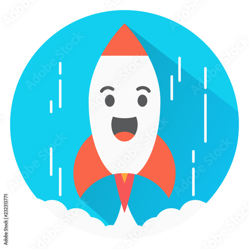Flight of a space rocket with wings. Smiling a mug with eyes. The spaceship starts. In flat shadow.Icon start of the spaceship character cartoon.For games and business of concepts.Children's toy.
