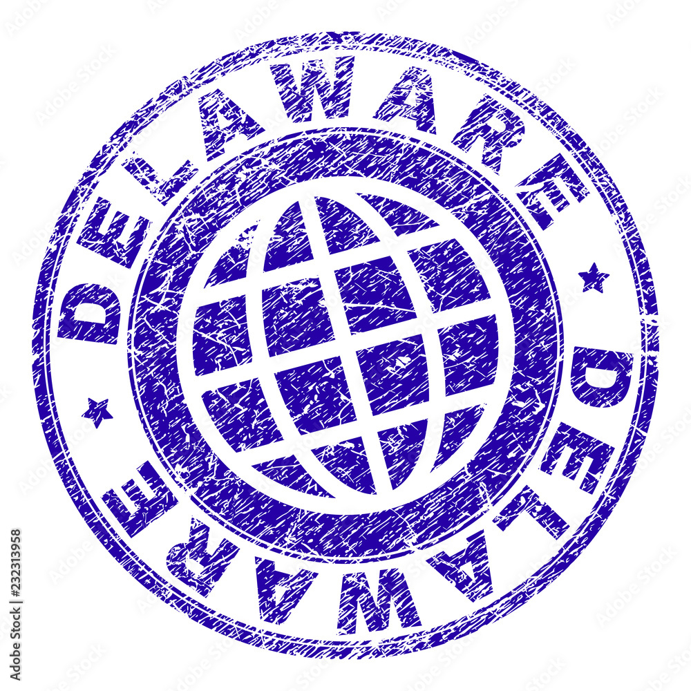 DELAWARE stamp print with grunge texture. Blue vector rubber seal print of DELAWARE text with dirty texture. Seal has words placed by circle and planet symbol.