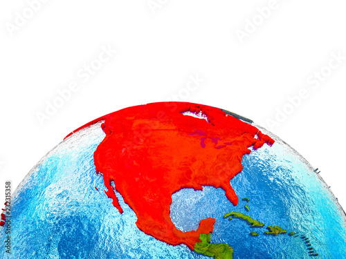NAFTA memeber states on 3D Earth with visible countries and blue oceans with waves. photo