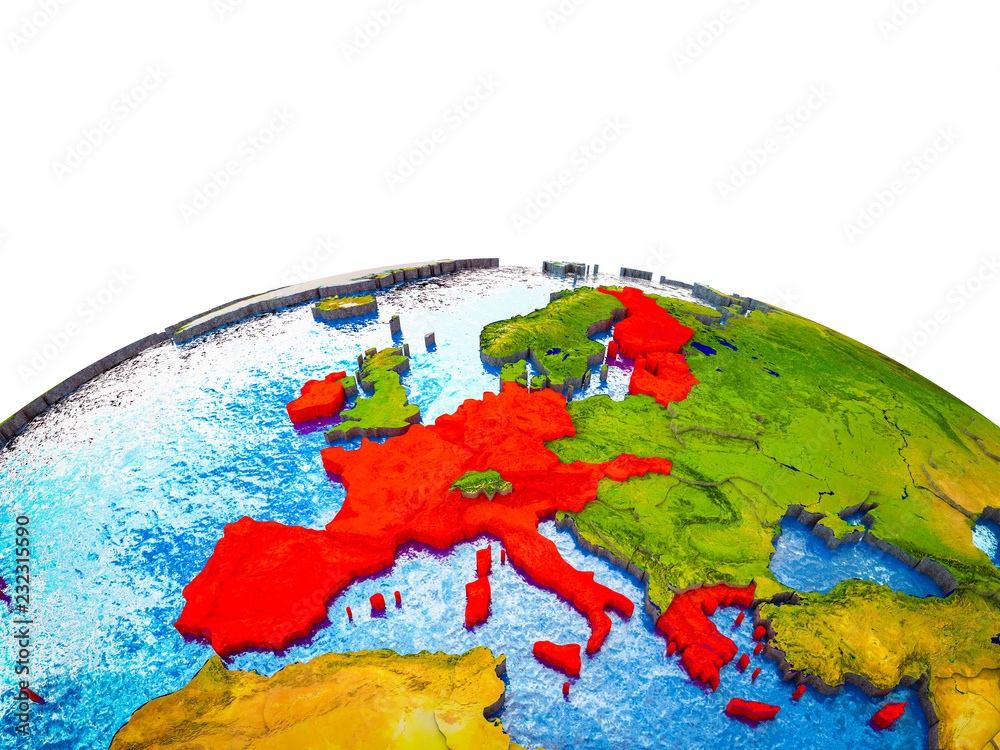 Eurozone member states on 3D Earth with visible countries and blue oceans with waves.