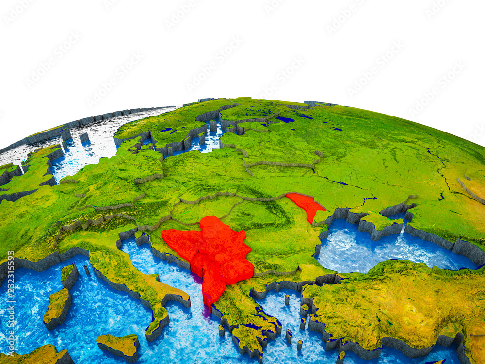 CEFTA countries on 3D Earth with visible countries and blue oceans with waves.