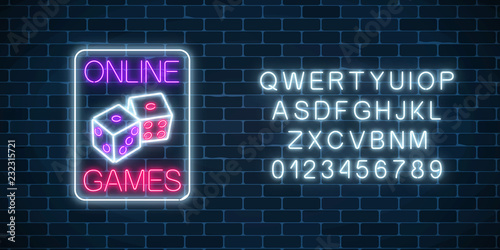 Glowing neon sign of online casino application with dice symbol with alphabet. Casino bright signboard