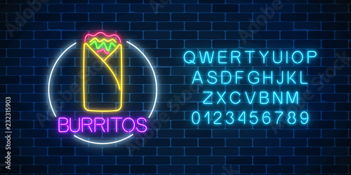 Neon glowing sign of burrito in circle frame with alphabet. Fastfood light billboard symbol.