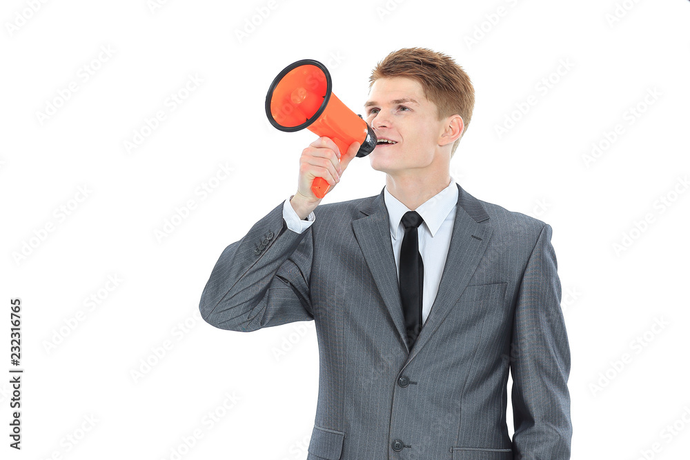 young businessman with a megaphone.isolated on a white young businessman with a megaphone.isolated on a white
