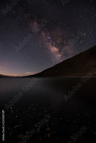 Starry night with milky way with river and mountain in background.