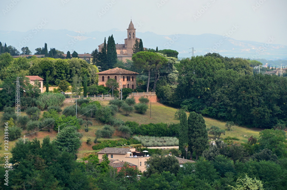 Views of the Tuscan countryside with historic buildings, View of historic buildings in Italy with cypress trees, Tuscany, landscape, outlook, nature, green, hiking, trees, environment, italy, houses, 