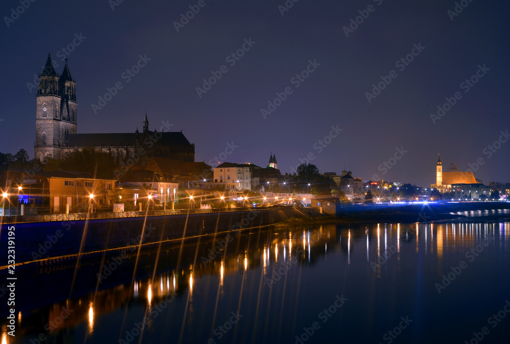 Magdeburg Skyline by Night with river Elbe