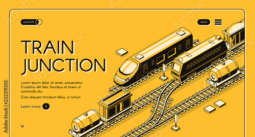 Train junction, transport node isometric vector web banner with passenger and freight trains with wagons on rail routes converge, line art illustration. Railroad or transport company landing page