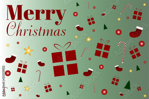Composizione di oggetti di natale, albero di natale, stella, boccia, calza, bastoncino di zucchero, pacco regalo, testo Merry Christmas, Vettoriale Natale 