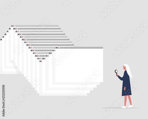 Millennial female character working with the information. Data analysis. Browser tabs. New technologies. Internet. Flat editable vector illustration, clip art