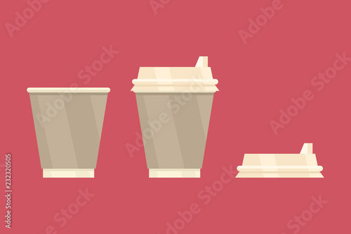 Cardboard coffee cup for take away with the lid removed and without it as well as the plastic lid itself separately, the set is made in a flat graphic style, vector isolated takeaway coffee cups icon