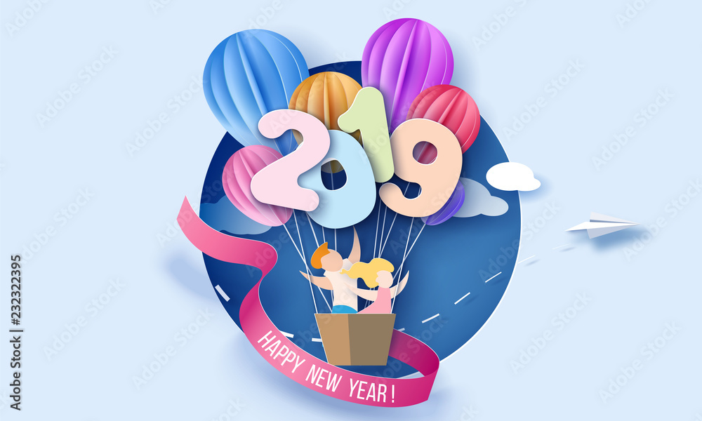 2019 Happy New Year design card with kids 2019 Happy New Year design card with kids