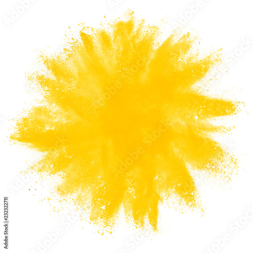 Yellow powder explosion on white background.