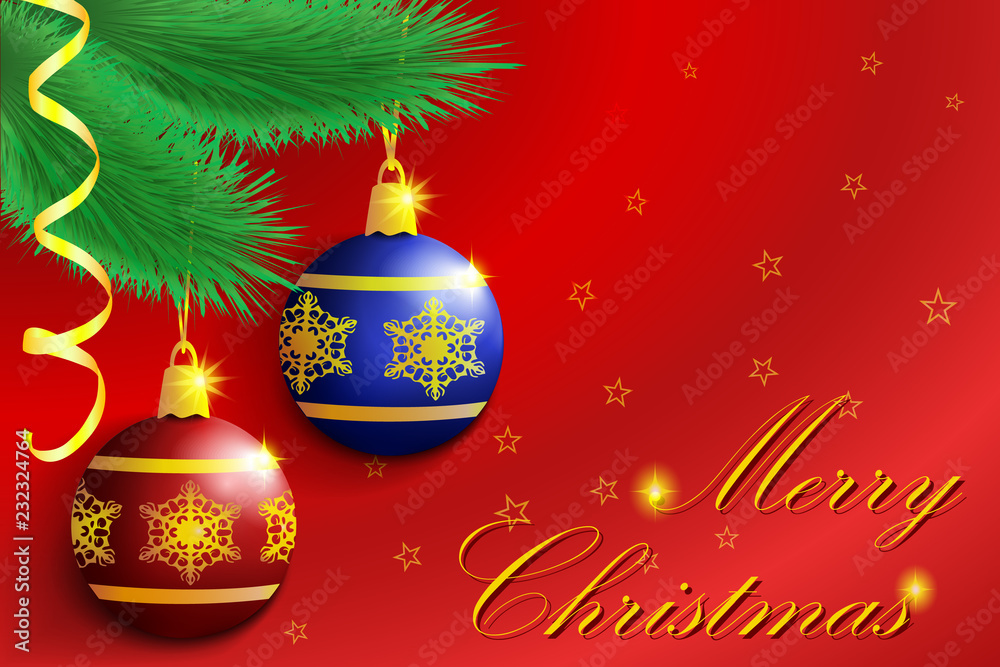Merry Christmas and Happy New Year background with fir-tree branch, serpentine, baubles and snowflakes. Vector illustration. Merry Christmas and Happy New Year background with fir-tree branch, serpentine, baubles and snowflakes. Vector illustration.