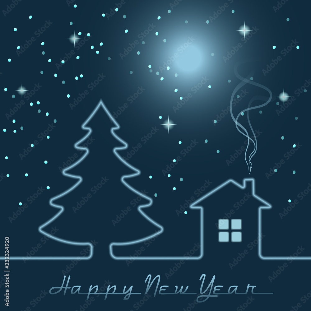 Night winter lendscape with a full moon. Small house fnd large spruce. For designe greeting or invitation card. Vector illustration.