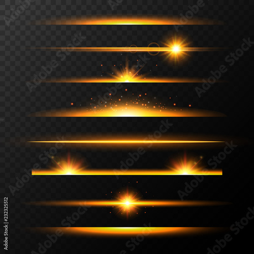 Gold glowing lines with stars set. Shining line set. Golden realistic lens flare set. Collection of light effects on transparent background. Flash with rays and spotlight. Vector illustration