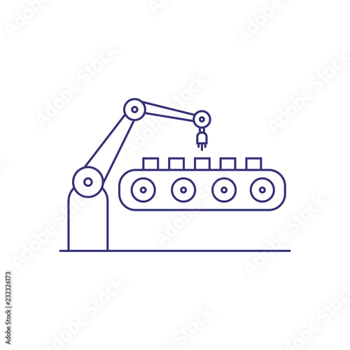 Robotic hand at conveyor belt line icon. Automatic production conveyor, assembly line, robotic industry. Factory concept. Vector can be used for topics like industry, production, transportation