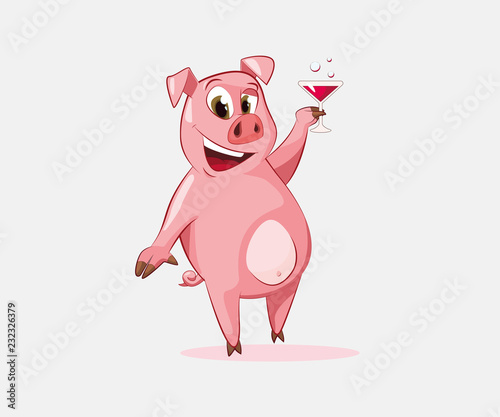 Happy pig toasting with wine vector illustration. New Year symbol, party, advertising. Holiday concept. Vector illustration can be used for topics like celebration, cartoons, drinks