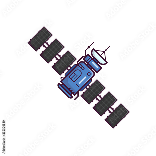 Earth satellite network provider banner. Line style, pixel perfect satellite vector illustration. Communication satellite with solar panels and dish with antenna.