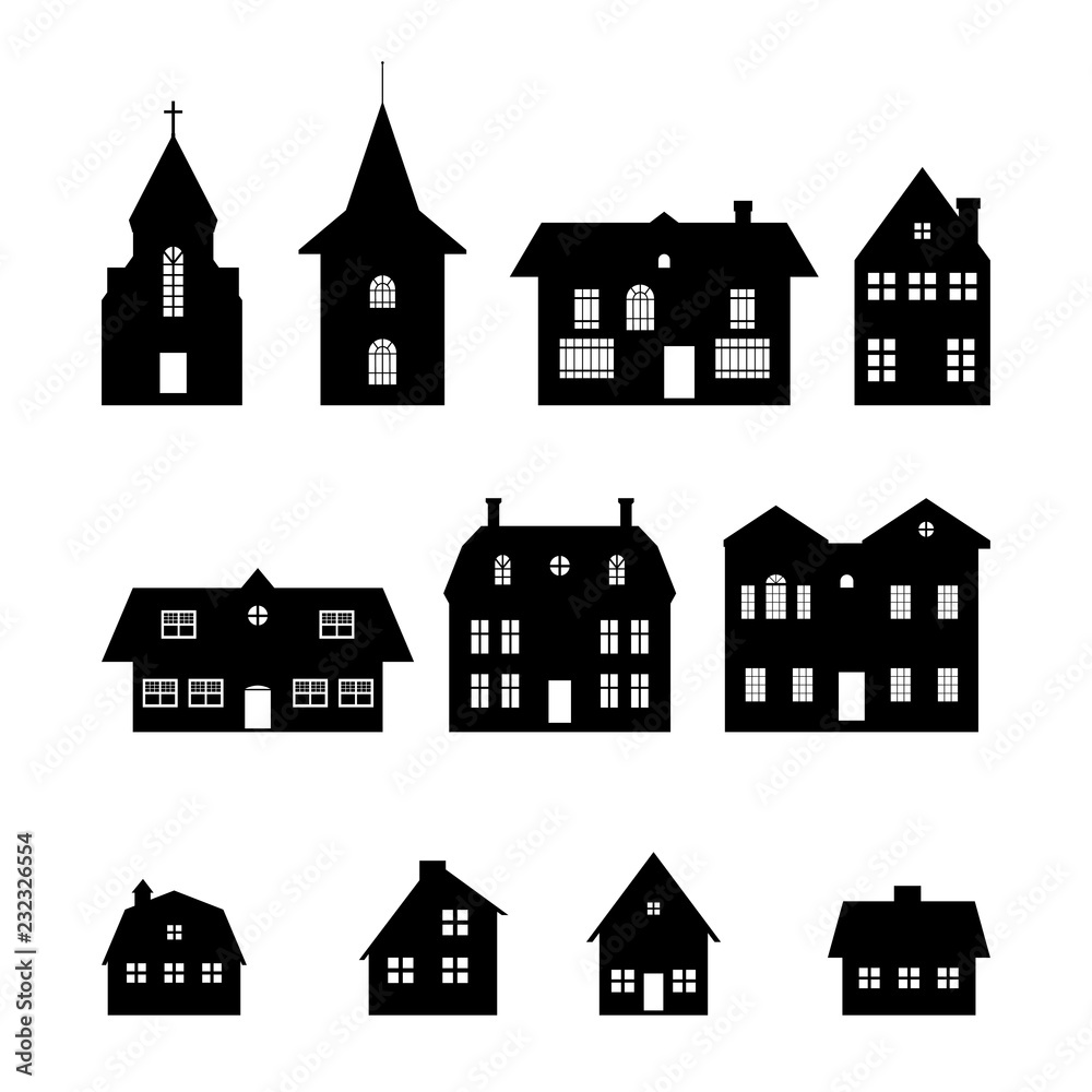 Black silhouettes of christmas houses on white background. Isolated icons. Village panorama. Cityscape elements. Vector illustration 