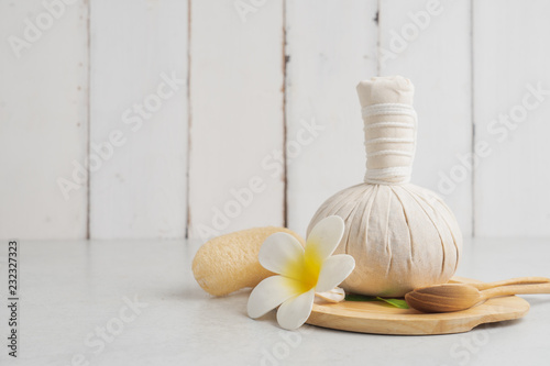Aromatherapy product Spa set massage with concrete background. top view,flat lay composition.