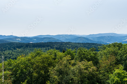 Canvastavla Germany, Aerial view above tree tops of black forest nature landscape and mounta