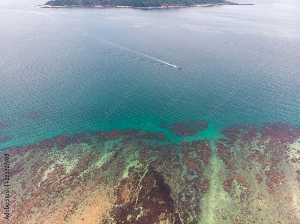 Sea and boat beach coast aerial view