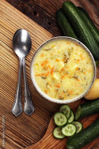 Polish cucumber soup with fresh cucumber and potatoes.