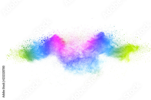 Abstract powder splatted background. Colorful powder explosion on white background. Colored cloud. Colorful dust explode. Paint Holi.