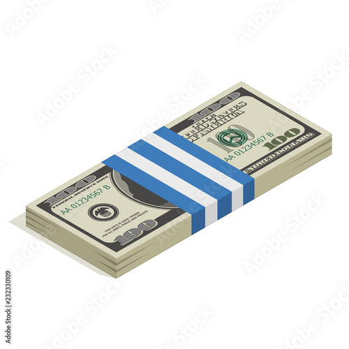 Stack of hundred-dollar bills, bundle of banknotes, pile of cash, paper money. The concept of financial success and wealth. Isometric vector illustration isolated on white background