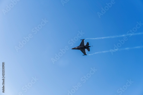Thessaloniki, Greece - October 28 2018: Greek Air Force F-16C Block 52 plus jet. Team Zeus fighter flying at 28 October military parade, commemorating the Greek no against Italian 1940 ultimatum.