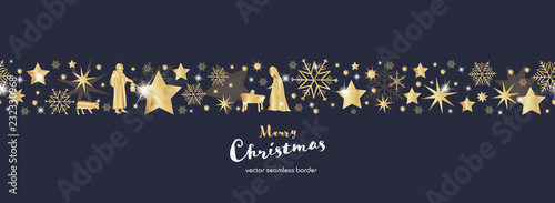 Christmas time. Dark blue and golden snowflake and star seamless border with Mary, Jesus baby and Joseph. Text : Merry Christmas 