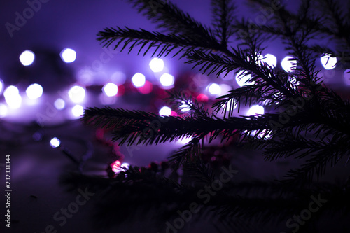 Christmas winter card with blurred bokeh. Merry Christmas and Happy New Year greeting card with copy space. © Inna