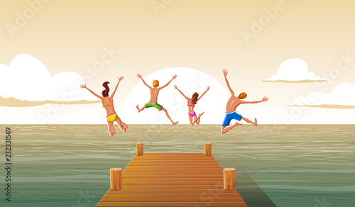 Group of people jumping from wooden pier into the water. Family having fun jumping in the sea water.