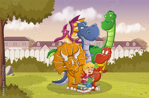 Cartoon boy reading a book to big dinosaurs on the backyard of a colorful house in suburb neighborhood. 