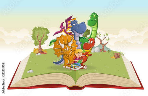 Open book with cartoon boy reading a book to big dinosaurs